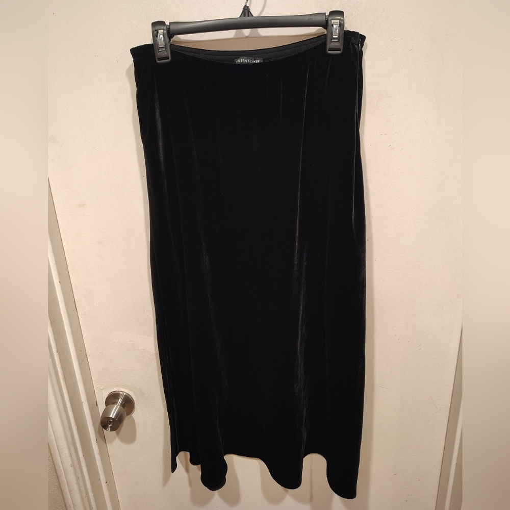 Eileen Fisher Rayon Silk Blend Black Velvet A-Line Side Zip Midi Skirt S Party